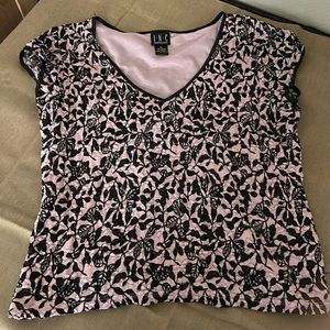 INC v-neck top in great pink and black flower/vine print, XL.